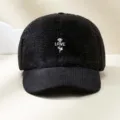 Black sherpa and corduroy baseball cap with cute rose embroidery and love details. - Black