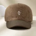 Corduroy plush baseball cap with rose embroidery, stylish brown winter hat for daily wear. - Coffee