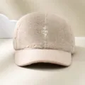 Fleece corduroy baseball cap with cute rose embroidery and love detail for winter outdoor. - Beige