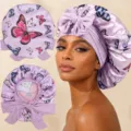 Gorro de dormir de satén con estampado de mariposas, gorro elástico con lazo para el cabello. - Talla única / Violeta Claro