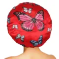 Red satin butterfly print sleep cap with wide elastic band for hair care and beauty routines. - One Size / Red