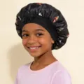 Kids satin sleep bonnet with butterfly print and black elastic headband for kids hair care. - Black