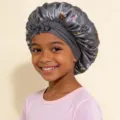 Children satin sleep bonnet with butterfly print and cute bow strap for hair care. - Gray