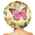Satin sleep bonnet for hair care with colorful butterfly print, wide band elastic night cap. - One Size / Yellow