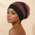 Rhinestone turban cap detail, elegant black head wrap with shimmering red crystals for women - Red