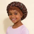 Kids satin sleep bonnet with butterfly print, cute bow design, elastic hair care night cap. - Coffee