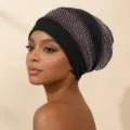 Rhinestone mesh turban cap detail view, stylish black head cover for women daily wear style - Coffee