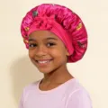 Kids satin sleep bonnet with cute butterfly print and bow detail, soft hair care cap for girls. - Rose Red