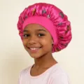 Children's satin sleep cap with wide elastic band and cute butterfly print for hair care. - Rose Red