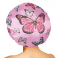 Pink satin sleep cap featuring colorful butterfly prints, smooth hair care bonnet for women. - One Size / Pink