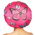 Pink satin hair bonnet for sleeping, soft elastic night cap with cute butterfly print design. - One Size / Rose Red
