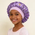 Kids satin sleep cap with wide elastic band and lovely butterfly print for hair care protection. - Light Purple