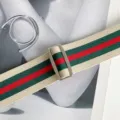 Elastic stretch waist belt with classic red and green stripes and silver metal buckle. - Coffee Beige Green Red Striped