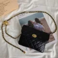 Fashion black quilted waist bag with gold chain, versatile retro belt for chic dress styling. - Black