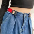 Red elastic lazy belt for women featuring cute rabbit cartoon buckle, punch-free waist strap. - Surplus Rabbit