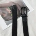 Minimalist black braided stretch belt with pin buckle, versatile nylon pants belt for daily wear. - Black with Black Buckle