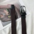 Brown braided belt, elastic nylon woven strap with silver pin buckle and black leather ends. - Coffee With Silver Buckle