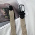 Holeless braided belt with metal pin buckle, elastic nylon woven casual waist belt for daily wear. - Beige Webbing with Silver Buckle