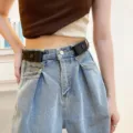 Invisible elastic belt for women adjustable buckleless waist cinch for denim jeans casual wear - Black Red Edge Stripe