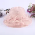 Women summer sun hat elegant pink organza wide brim beach hat UV protection fisherman hat - M (56-58cm) / Lace-Trimmed Style / Light Pink