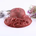 Red organza wide brim sun hat for women summer floral beach hat UV protection fisherman hat - M (56-58cm) / Lace-Trimmed Style / Burgundy