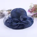 Women sun hat summer organza wide brim beach hat UV protection elegant floppy hat blue - M (56-58cm) / Lace Trim Style / Navy Blue