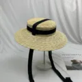 Chapeau de paille plat avec ruban noir, style vintage français élégant chapeau de soleil. - M (56-58cm) / Style 1