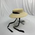Chapeau de paille plat femme été ruban rétro français élégant vintage plage soleil detail vue - M (56-58cm) / Style 2