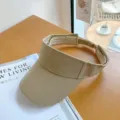 Gedetailleerd uitzicht van khaki open bovenkant zonneklep hoed, verstelbare riem, stijl. - Verstelbaar (54-58cm) / camel