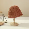 Women brown woven straw bucket hat, Japanese cloche sun protection hat for summer wear. - M (56-58cm) / Orange
