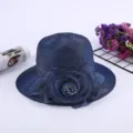 Elegant dark blue organza sun hat for women, wide brim floral beach hat UV protection. - M (56-58cm) / No Lace Style / Navy Blue