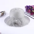 Women summer sun hat grey organza floral bucket hat beach UV protection casual stylish - M (56-58cm) / No Lace Style / Light Gray