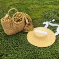 Ensemble chapeau de paille et sac tissé pour femmes, parfait pour les vacances d'été à la plage. - M (56-58cm) / Paille Naturelle Bord 10cm + Ruban Blanc