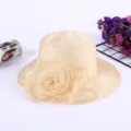 Beige organza flower sun hat, elegant women's summer beach uv protection fisherman hat. - M (56-58cm) / No Lace Style / Beige