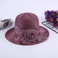 Women summer sun protection bucket hat elegant organza floral beach hat UV blocking - M (56-58cm) / No Lace Style / Deep purple