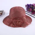 Red organza sun hat for women, stylish wide brim floppy beach hat with floral decor. - M (56-58cm) / No Lace Style / Burgundy