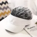 Detail view of funny novelty visor cap with gray faux hair, creative outdoor sun hat design. - Adjustable / Gray-White Wig Baseball Cap / White