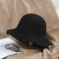 Women black wool felt bucket hat vintage wide brim winter warm basin hat fashion elegant lady - M (56-58cm) / Black