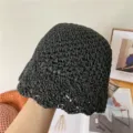 Chapeau cloche noir en paille tressée à la main, chapeau de soleil rétro pour femme. - M (56-58cm) / Motif Ananas-Noir