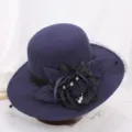 Elegant women wool felt basin hat with mesh lace flower pearls autumn winter retro headwear - M (56-58cm) / Peony Navy Blue