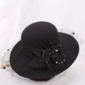 Womens autumn winter black felt bucket hat elegant floral mesh Audrey Hepburn style fashion - M (56-58cm) / Peony Black