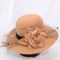 Elegant women autumn winter wool felt bucket hat with mesh veil and floral decor. - M (56-58cm) / Peony Khaki