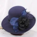 Elegant dark blue felt bucket hat with black mesh veil and floral bow decor for women. - M (56-58cm) / Mesh Floral Navy Blue