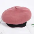 Boina de lana rosa con banda negra, sombrero de pintor de invierno estilo coreano para mujer. - Ajustable / Rosa Fucsia