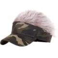 Camouflage zonneklep pet met pluizig nep haar, grappige pruik hoed voor buitensport en golf spel. - Verstelbaar / Legergroen Camo Volwassene (Bruin Haar)