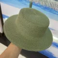 Chapeau de paille vert pour femme, canotier plat d'été, chapeau de soleil de plage tissé. - M (56-58cm) / Vert Militaire