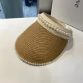 Damen Sommer Stroh Sonnenblende Hut mit eleganter Perlen Dekoration, offener Strandhut. - M (56-58cm) / Khaki