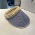 Eleganter Perlen Stroh Sonnenhut für Damen, stilvoller sommerlicher Strand Sonnenschutz. - M (56-58cm) / Blau