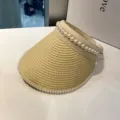 Beige Stroh Sonnenblende Hut mit künstlichen Perlen, leere Oberseite Sommer Strand Kappe. - M (56-58cm) / Beige