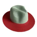Stylish two-tone straw panama hat for women, perfect for summer beach sun protection and casual wear. - M (56-58cm) / Cyan + Red